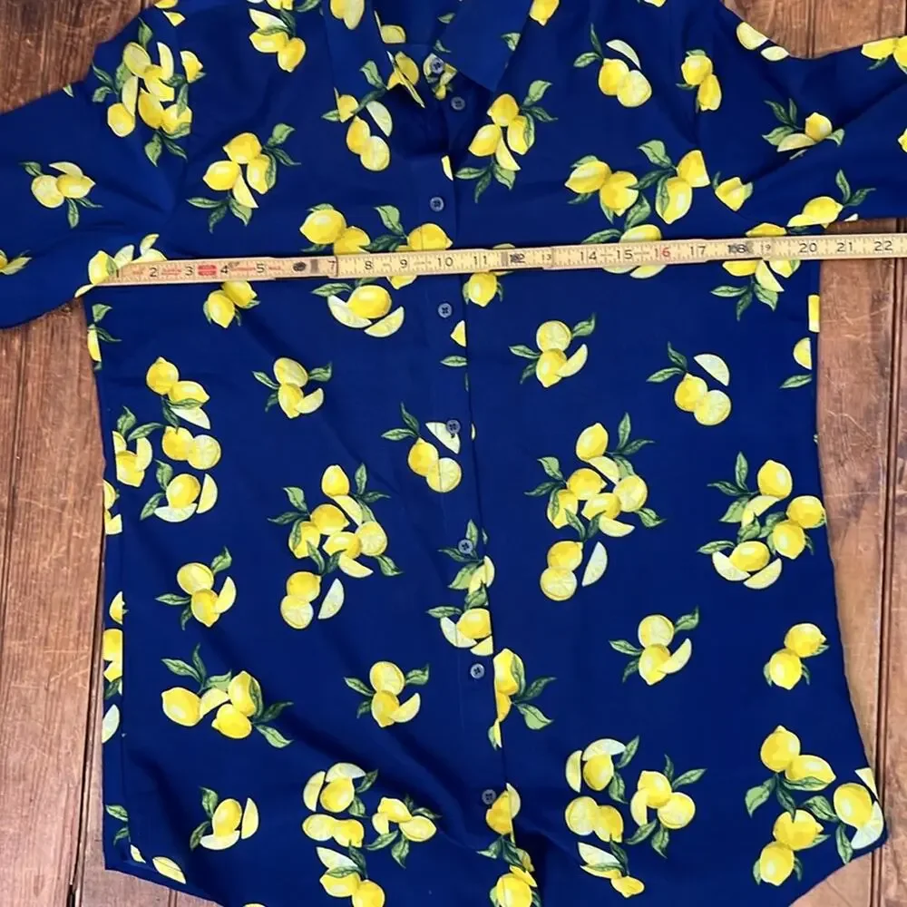Banana Republic women’s top blouse Blue Lemon Print long sleeve size medium - Picture 2 of 7